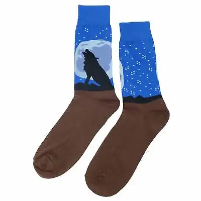 NWT Wolf Howl Dress Socks Novelty Men 8-12 Blue Crazy Fun Sockfly • $8.99