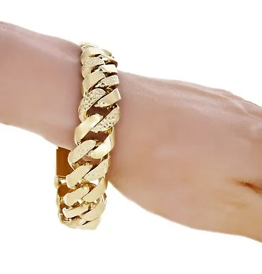 10k Yellow Gold Solid Nugget Curb Cuban Link Chain Bracelet 9  19mm 111 Grams • $5439.49