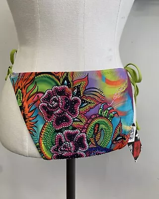 Y2K DEADSTOCK ED HARDY Dragon Rhinestone Tattoo Sexy Neon Bikini Bottom S • $450