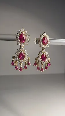 Stunning 18ct Yellow Gold Ruby & White Sapphire Drop Earrings • £925