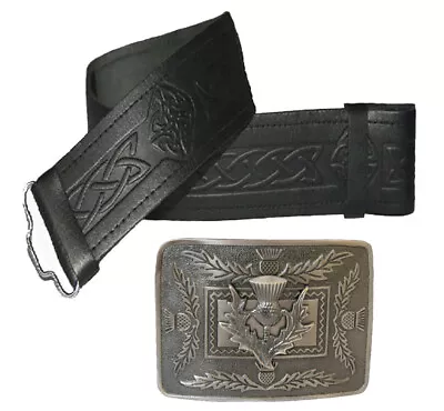 Embossed Leather Belt Kilt Belt Scottish Outfit Thistle Buckle Chrome Antique • £26.99