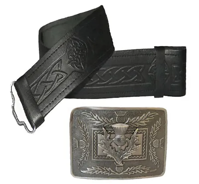 Mens Leather Kilt Belt And Thistle Buckle Scottish Embossed Kilt Belt Outfit • £22.99