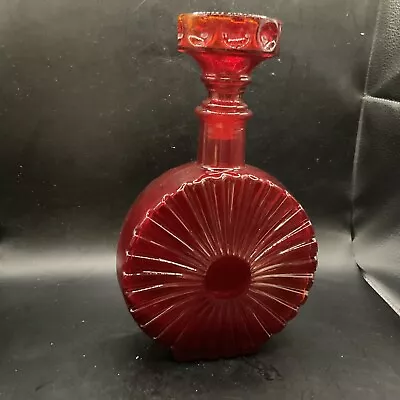 VINTAGE EMPOLI RED SUNBURST GLASS BOTTLE DECANTER W/STOPPER MADE IN ITALY.  16b • $35