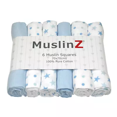 MuslinZ 6PK Baby Muslin Squares Cloths 70cm 100% Pure Soft Cotton Pale Blue Star • £13.99