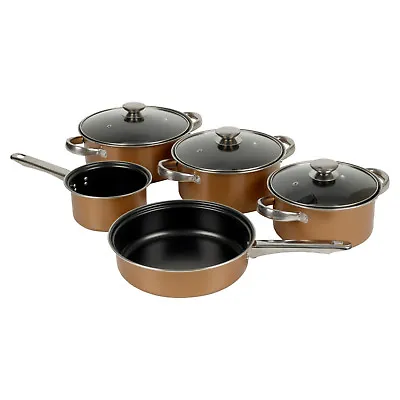 Copper Look 8pc Carbon Steel Cookware Set Saucepan Lids Cooking Frying Milk Pan • £22.99