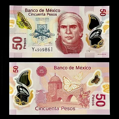 2016 MEXICO 50 PESOS POLYMER P-123Av UNC+ +JOSE MARIA MORELOS Y PAVON BUTTERFLY • $5.99