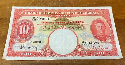 Rare Malaya Straits Settlements July 1st 1941 Ten Dollars Banknote 094891 A28 • £72.01