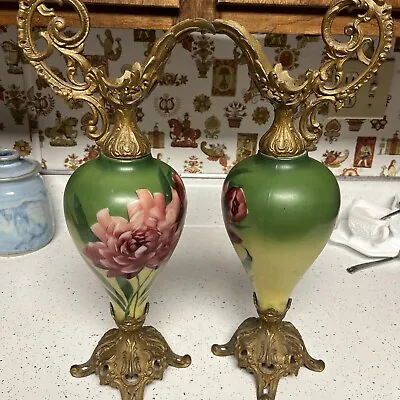 Victorian Decorative Urn Ewer Painted Metal & Hand Painted Porcelain • $35