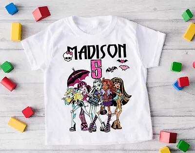 Monster High Girls Custom Birthday T Shirt Girls Size 5 White Short Sleeve • $17.99