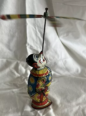 J CHEIN CLOWN WITH SPINNING PROPELLER TIN WIND UP TOY 1930s WORKS • $145.72