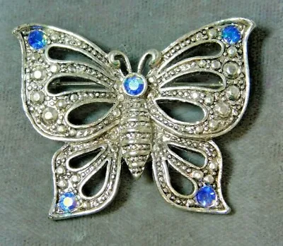 Vintage 'Mi' Dainty Filigree Butterfly Blue AB Aurora Borealis Rhinestone Brooch • $21.59