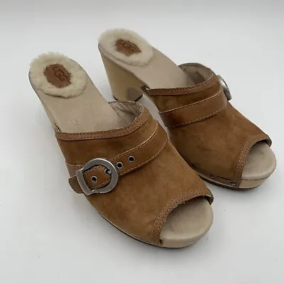 UGG Women Clogs Sz 6 Open Toe Mules Beige Camel Suede Sherpa Heels Australia • $26.99