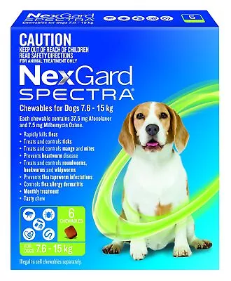 NexGard SPECTRA For Dogs 7.6 - 15kg GREEN • $71.95