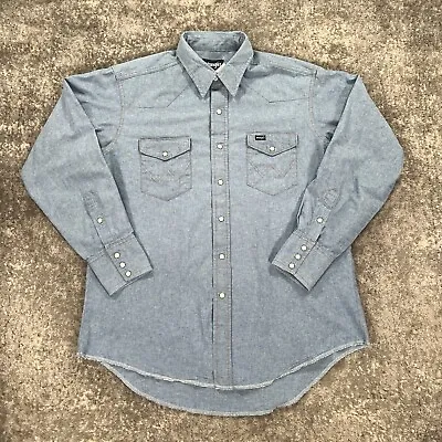 $24.98 • Buy VTG Wrangler Western Shirt Mens 17X34 Blue Denim Pearl Snap Chambray Cowboy