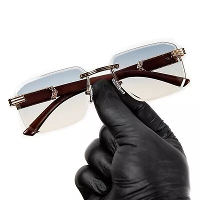 Men's Rimless Gold Frame Gray Tan Gradient Tint Hip Hop Woodgrain Sunglasses • $15.99