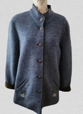 Vintage Petressa Boiled Wool(75%) Style Jacket 12 Blue Nordic Buttons Cord Trim • £14.95
