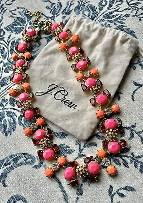 J Crew Cluster Stone Clear Crystal Floral Necklace Neon Pink Orange Fuchsia🌸 • $47.19