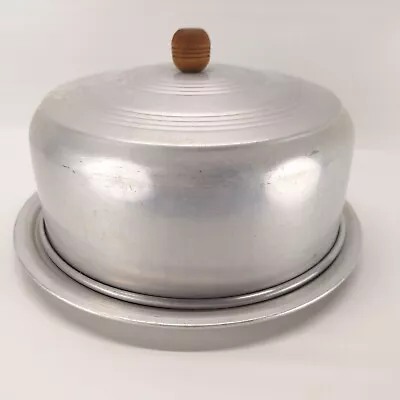 Vintage Aluminum Cake Plate And Cover With Wooden Handle- 11  Diameter • $15.99