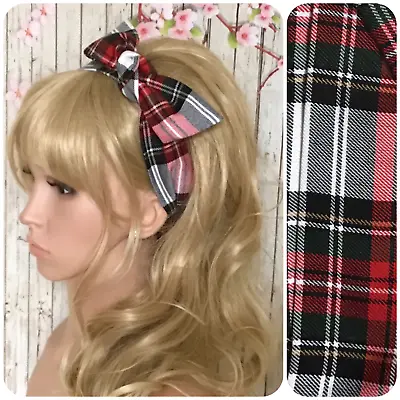 White Red Tartan Fabric Head Tie Scarf Hair Band Self Tie Knot Bow Retro Style • £4.99