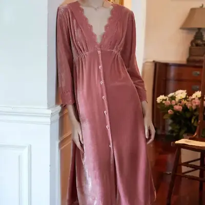 Lady Velour Nightdress Bathrobe Gown Velvet Sleepwear Loungewear Lace Edge Home • £24.35