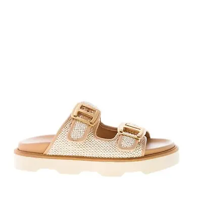 HOGAN Women Shoes Beige Raffia H620 Slide Sandal With Golden Buckle Accessory • $667.70