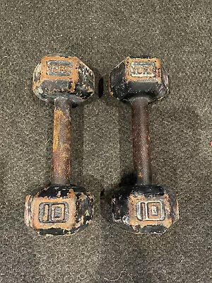 Rare Vintage York 10lb Dumbbells Pair Hex Heads Hexagon Early 20lbs Total • $97.77