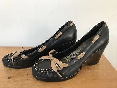 Style & Co Black Leather Wedge Moccasin Loafer Lace Bow Work High Heels 6.5 37 • $19.99