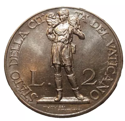 1934 BU UNC VATICAN CITY Coin Pius XI 2 Lire KM:6 Shepherd Lamb On Shoulders • $16.95