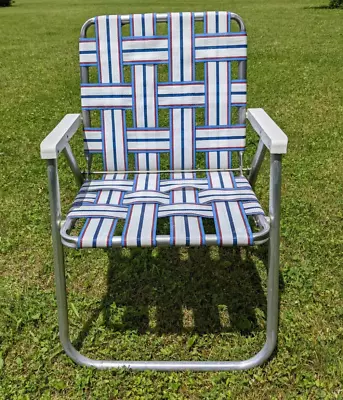 Vintage Sunbeam Webbed Aluminum Folding Lawn Patio Chair Red White Blue • $30