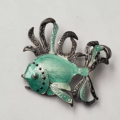 Vintage Brooch Fish Enamel Sterling Silver Wonderful Collectable Pin Green  • $45