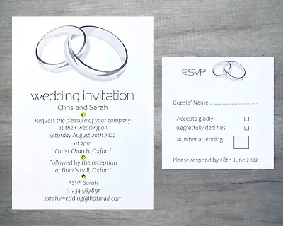 £4.49 • Buy Wedding Invitations Invites Day Evening RSVP Personalised + Envelopes Rings
