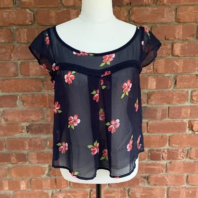 $4.99 • Buy Hollister Womens Blouse Top Cropped Navy Floral Sheer Casual Size S