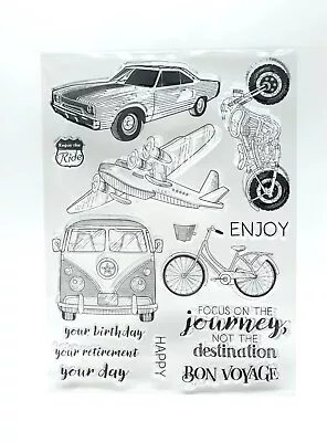 Large Sheet Of 14 Travel Themed Clear Acrylic Stamps Car Bike  *UK Seller* 2Z • £6.13