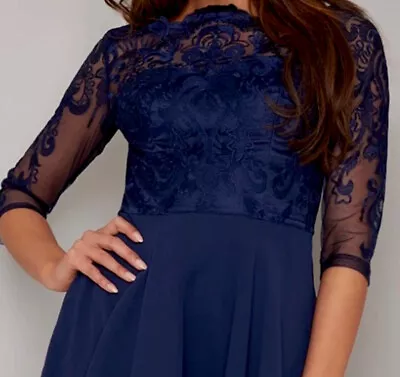 Laced Bodice Navy Blue 3/4 Sheer Sleeved Maxi Prom Dress • £45