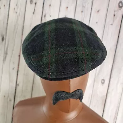 Italian Plaid Flat Cap Size 58/Medium Green/Blue Wool MIx Chap AC41 LL • £12