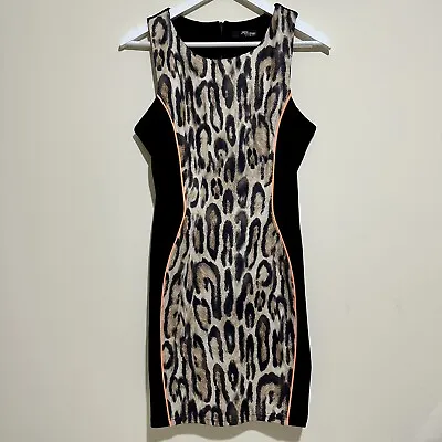 Jane Norman Size 14 Black & Animal Print Bodycon Wiggle Pencil Dress Y2K • £19.99