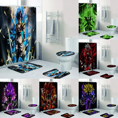 Dragon Ball 4PCS Bathroom Non-slip Rugs Set Shower Curtain Toilet Lid Cover Mats • $46.54