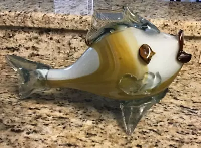 Large Vintage 15” Murano Hand Blown Gold And White Glass Fish Art • $23.99