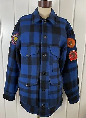 VTG Filson Mackinaw Cruiser Blue & Black Plaid Wool Jacket 42 W/Hunting Patches • $265