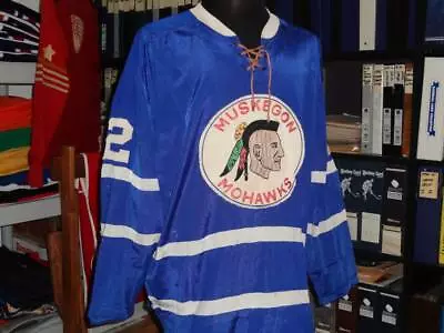 1967-68 Muskegon Mohawks Blue Durene Autographed Game Worn Used Jersey  • $5999.99