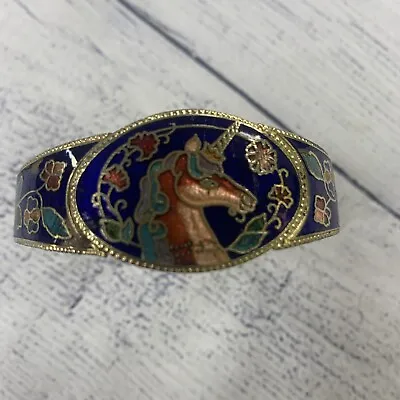Vintage Enamel Unicorn Flower Bracelet Hinged Colorful Cloisonne Fantasy Jewelry • $19.99