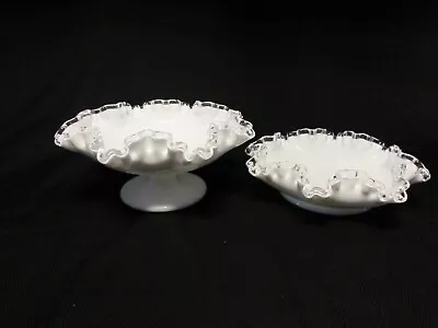 Vtg Set 2 Fenton Silver Crest Milk Glass Ruffled Crimped Edge Footed Bowls 8'' • $25