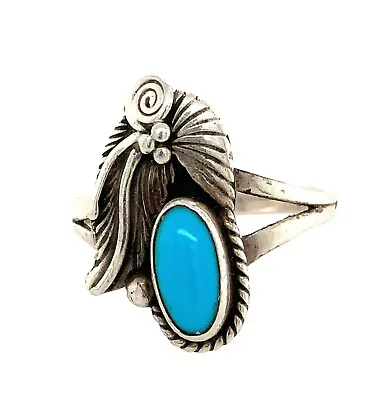 Vintage Southwestern Turquoise Sterling Silver Feather Ring - Size 9-¼ • $29.95