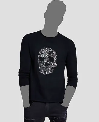 $141 Inc Men's Black Cashmere Long-Sleeve Sequin Skull Crewneck Sweater Size S • $44.38