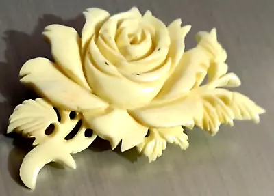 Cabbage Rose Leaves Brooch VTG Carved Plastic Lucite 50s MCM 2  Pin Cream Color • $37.99