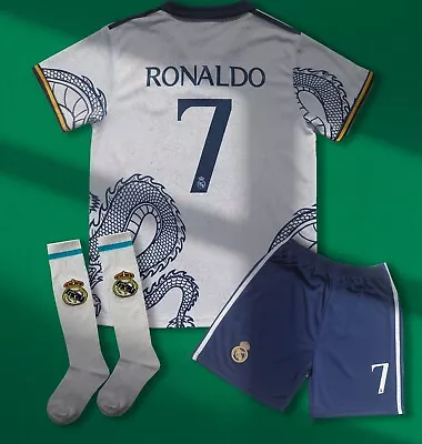 Madrid Kids White Dragon Soccer Jersey #7 Ronaldo Shorts & Socks Set Youth Sizes • $34.99