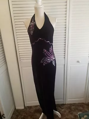 Vintage Inspired Purple Plum Velvet  Sequin Floral Halter Dress M • $13.99