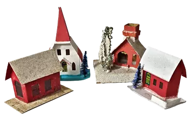 PUTZ Japan House Church Mica Glitter BlueTrees Red/White Buildings Vintage Lot 4 • $42.89