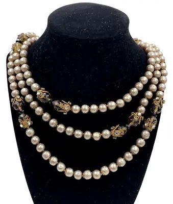 Miriam Haskell So Lng  Sautoir Antique Silver Baroque Fx Pearls Necklace Rose Mn • $350