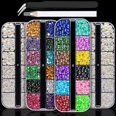 4 Boxes Flat Back Rhinestone&Pearls Kits Flatback Round Mixed Color Gems+Colorfu • $19.99